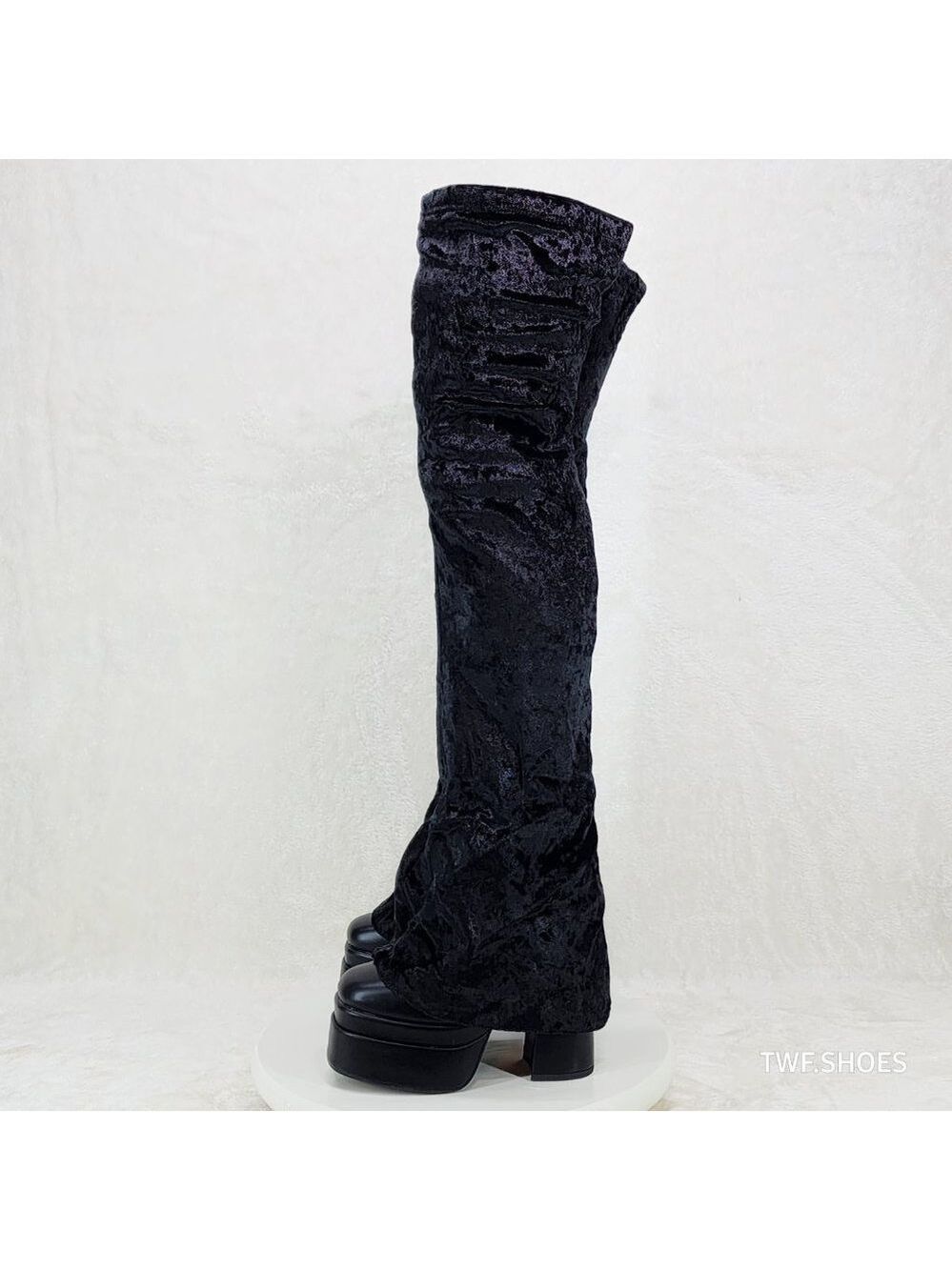 Unique Thigh High Black Velvet Fold over Skirted Chunky Heel Platform Boots - Picture 9 of 17